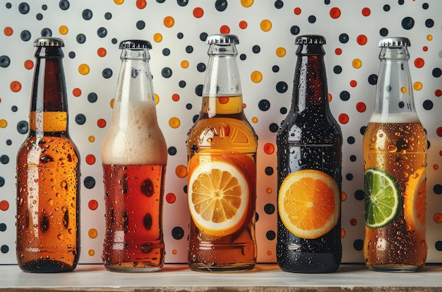 Five glass bottles with drinks and citrus garnishes lined up on dotted white surface