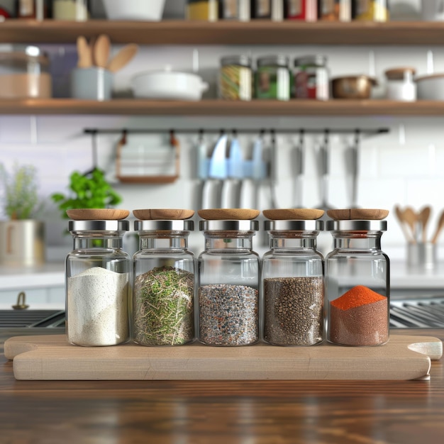 Five glass spice jars on a wooden countertop with a kitchen background