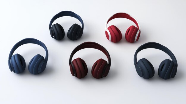 Photo five headphones of different colors on a white surface