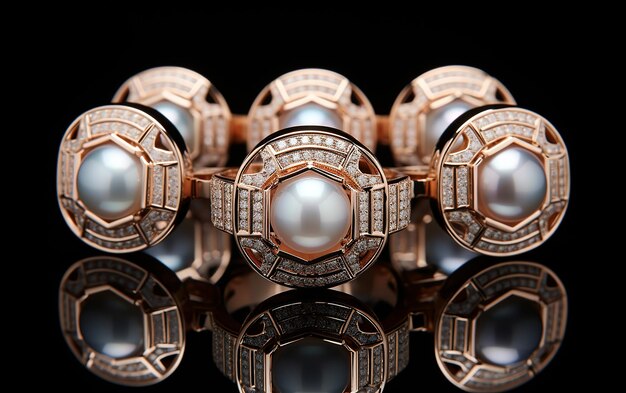 Five Hexagonal Rose Gold Pearl Rings with White Topaz