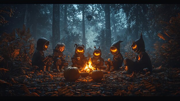 Five hooded figures wearing glowing pumpkin faces gather around a fire in a dark forest