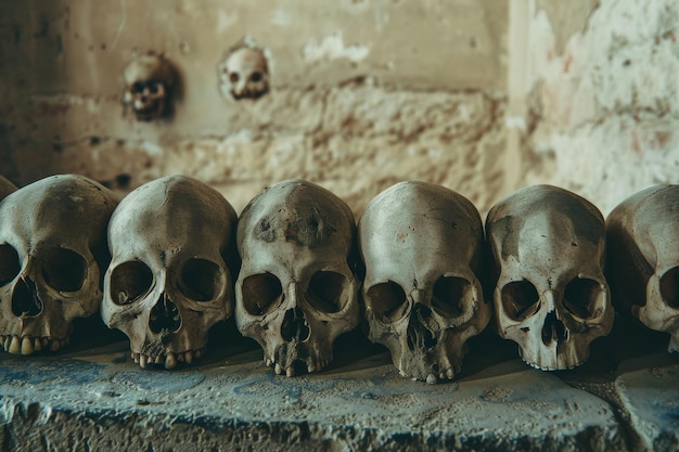 Photo five human skulls are lined up in a row against a rustic wall presenting an eerie and macabre yet striking scene reminiscent of historical or cultural significance