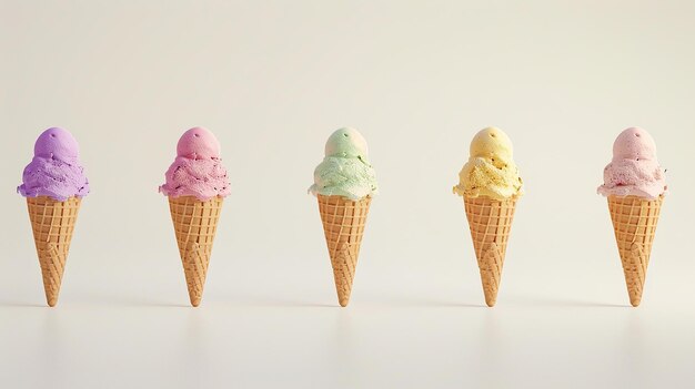 Photo five ice cream cones are lined up in a row