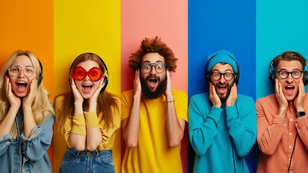 five individuals with various expressions of surprise and happiness are standing against a multicolored background