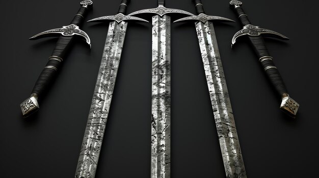 Photo five intricately designed swords lie in a row on a dark surface