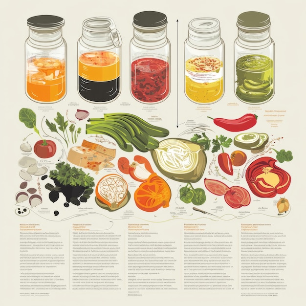 Photo five jars of preserved vegetables with detailed labels and different ingredients scattered around