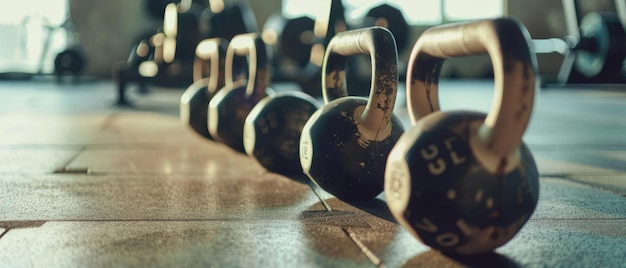 Photo five kettlebells lined up in an orderly fashion on a gym floor bathed in natural light embody strength fitness and discipline