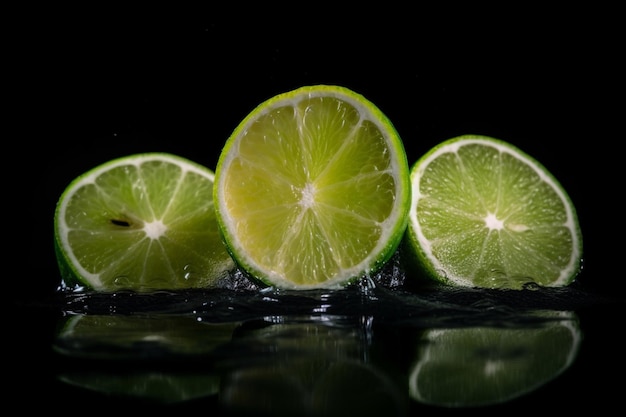 five lime slices Splash of water drops over black background