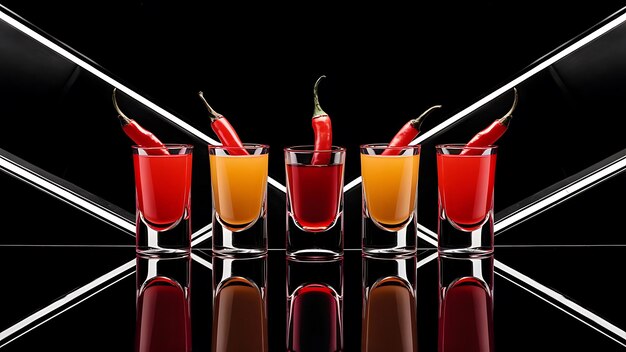 Five multicolored shot glasses full of drink and with the red chili peppers lying inside them symmetrically placed a black background Conceptual commercial and advertising photo Copy space