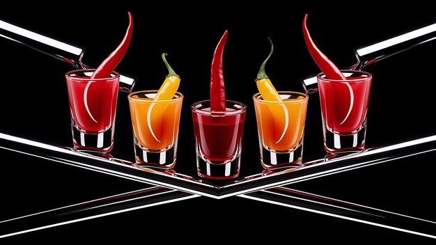 Five multicolored shot glasses full of drink and with the red chili peppers lying inside them symmetrically placed a black background Conceptual commercial and advertising photo Copy space