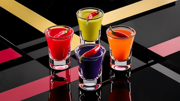 Five multicolored shot glasses full of drink and with the red chili peppers lying inside them symmetrically placed a black background Conceptual commercial and advertising photo Copy space