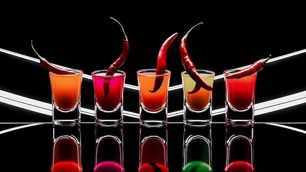 Five multicolored shot glasses full of drink and with the red chili peppers lying inside them symmetrically placed a black background Conceptual commercial and advertising photo Copy space