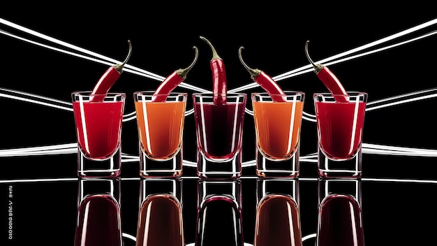 Five multicolored shot glasses full of drink and with the red chili peppers lying inside them symmetrically placed a black background Conceptual commercial and advertising photo Copy space