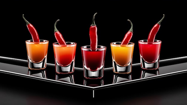 Five multicolored shot glasses full of drink and with the red chili peppers lying inside them symmetrically placed a black background Conceptual commercial and advertising photo Copy space