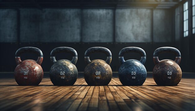 Photo five old gym kettlebells in a gym on the floor