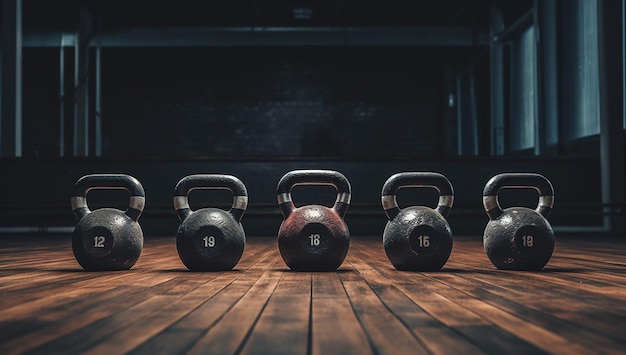 Five old gym kettlebells in a gym on the floor