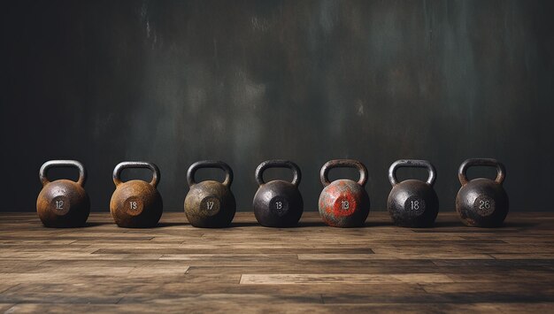 Photo five old gym kettlebells in a gym on the floor