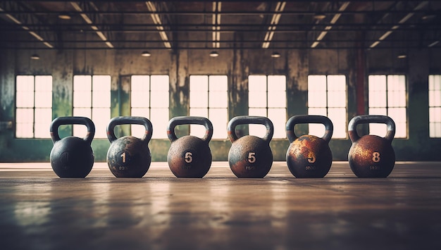 Photo five old gym kettlebells in a gym on the floor