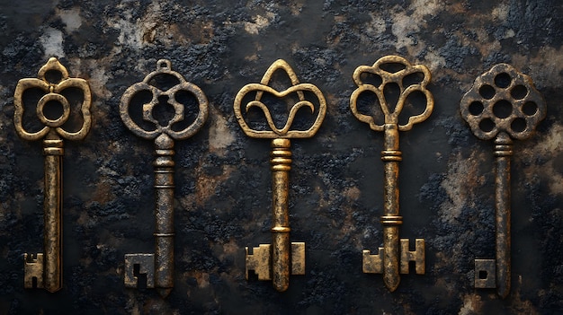 Photo five ornate golden keys on a dark textured surface