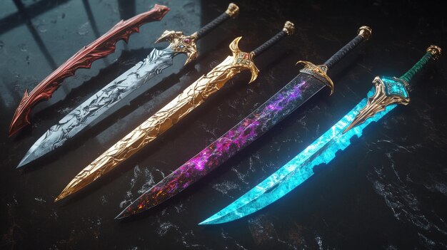 Photo five ornate swords of varying styles and colors lay on a black marble surface