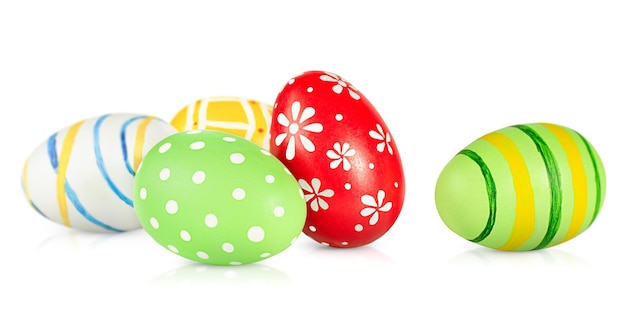 Five painted Easter eggs on an isolated white background