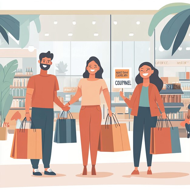 Photo five people shopping in a store with shopping bags and signs