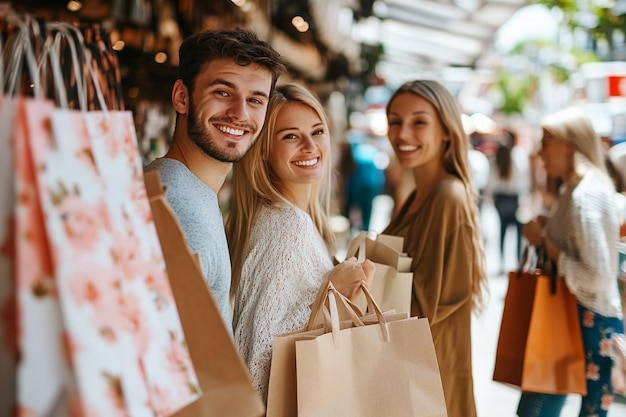 Photo five people shopping in a store with shopping bags and signs