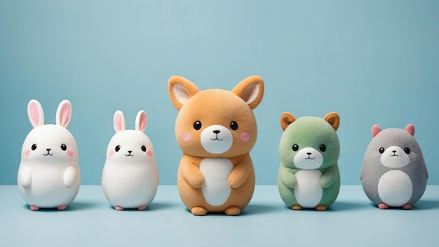 Five Plush Toys in a Row on a Blue Background