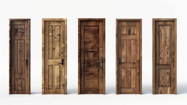 Photo five rustic wooden doors showcasing unique designs and finishes ideal for home decor inspiration in a contemporary setting