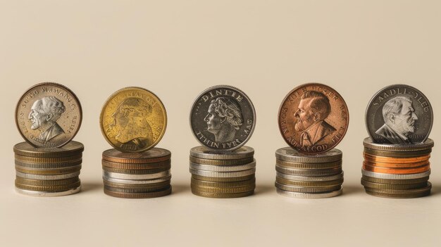 Photo five stacks of coins with varying coin types and values