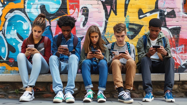 Photo five teenagers are sitting on a ledge in front of a colorful graffiti wall all looking at their phones