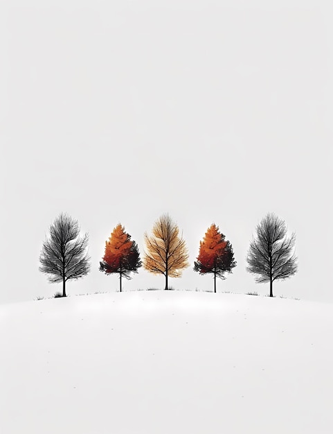 five trees in a snowy landscape