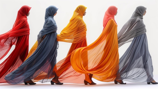 Five walking girls in colorful flowing dresses