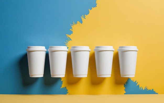 Photo five white coffee cups on a yellow and blue background