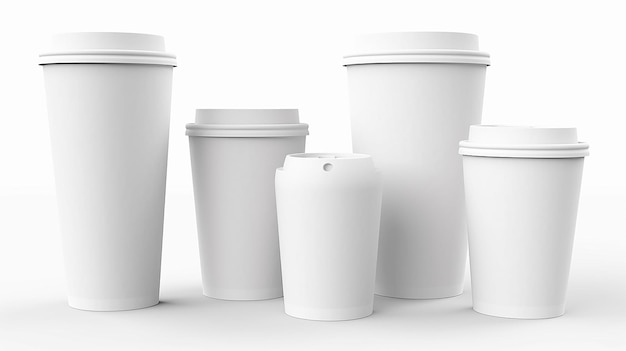 Photo five white disposable coffee cups of varying sizes isolated on a white background