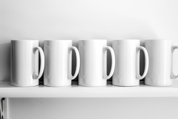 Five white mugs sit on a white shelf lined up in a row The mugs are all the same size and style with a simple rounded handle