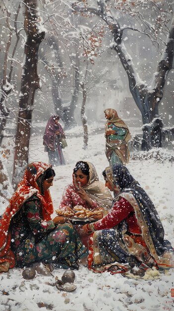 Five Women Sitting in a Park in the Snow Eating Pani Puri