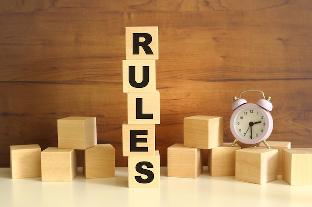 Five wooden cubes stacked vertically on a brown background make up the word RULES