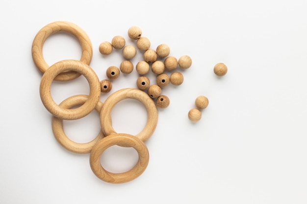 Five wooden rings and beads Natural wood baby teether