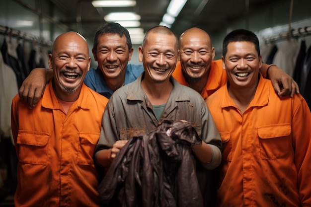 five worker in cleaning clothes smiling chinese