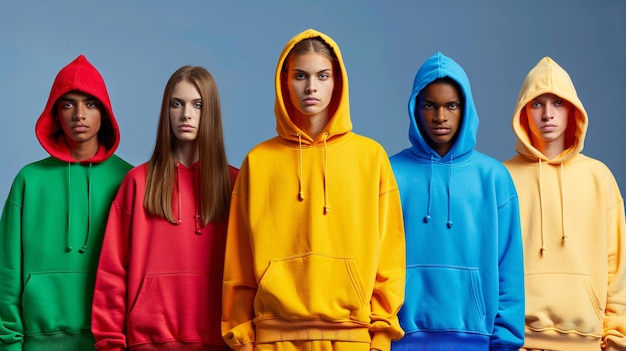 Photo five young adult models stand in a line sporting vibrant hoodies and serious expressions