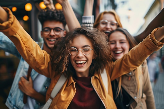 Five young adults enjoying outdoor fun while raising their arms and smiling together