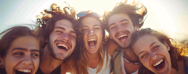 Five youths enjoying laughter and happiness while spending time outdoors together