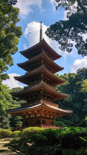 Photo a fivestory pagoda surrounded by lush greenery in fukuoka on a bright sunny day