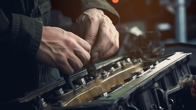 Fixing a modern diesel engine employees' hands and a tool In a maintenance repair service center a car mechanic examines the engine to analyze the symptoms of the vehicle Generative AI