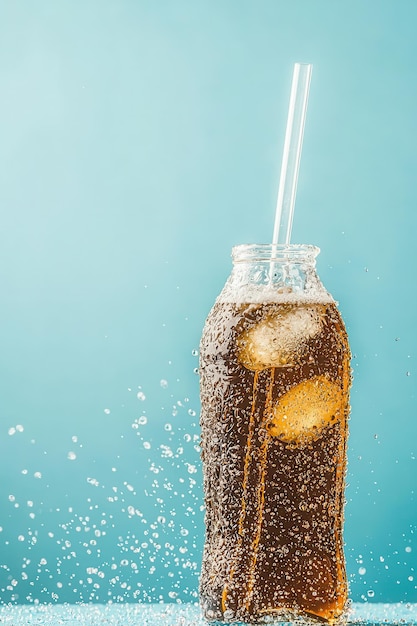 Photo fizzy iced drink with straw and ice cubes on blue background