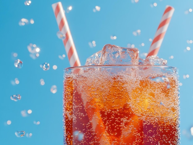 Photo fizzy soda with straws and ice cubes