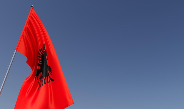 Flag of Albania on flagpole on blue background Place for text The flag is unfurling in wind Europe Tirana Balkans 3D illustration