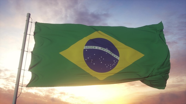 Flag of Brazil waving in the wind against deep beautiful sky. 3d rendering.