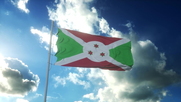 Flag of Burundi waving at wind against beautiful blue sky 3d illustration